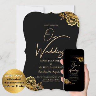 Convites Casamento Dourado Lace Moderno Elegante Negro