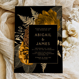 Convites Casamento Dourado Laranja  com Preto Floral Elegan