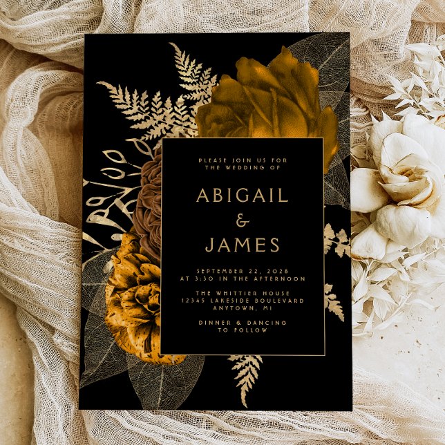 Convites Casamento Dourado Laranja  com Preto Floral Elegan (Criador carregado)