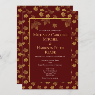 Convites Casamento Dourado Leaf Burgundy Marsala