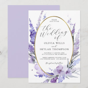Convites Casamento Dourado Lilac Floral Botânico da lavanda