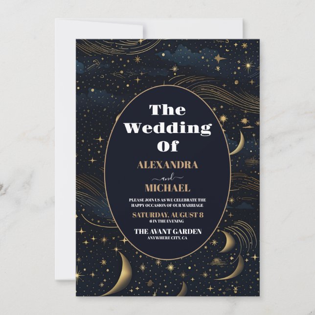 Convites Casamento Dourado Luar Crescente Celestial (Frente)