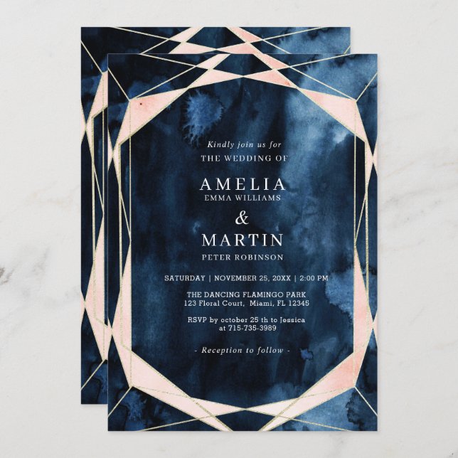 Convites Casamento Dourado Marble Azul com Marinho de Água (Frente/Verso)