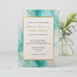 Convites Casamento Dourado Marble Elegante Mint Aqua Pearl