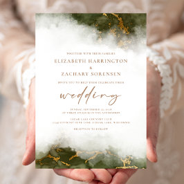 Convites Casamento Dourado Marble Verde Elegante