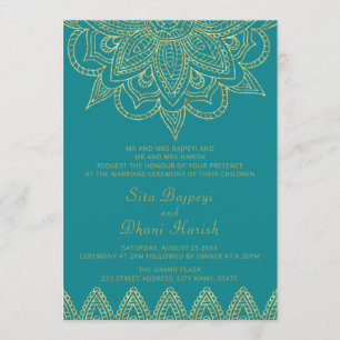Convites Casamento Dourado Mehndi Hindu, Azul-Brilhante Ín