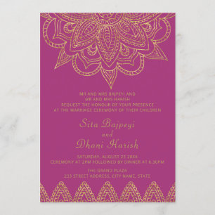 Convites Casamento Dourado Mehndi Hindu, cor-de-rosa-claro-