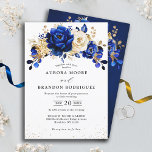 Convites Casamento Dourado Metálico Real Azul Branco Invi<br><div class="desc">Elegante tema ouro azul real Convite para casamento com elegante buquê de azul real,  Marinho,  ouro,  flores amarelas do rosa e folhas de eucalipto. Entre em contato comigo para obter ajuda sobre a personalização ou se você precisar de outro produto com este design.</div>