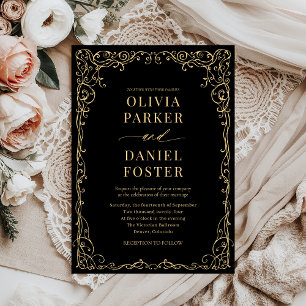 Convites Casamento Dourado Minimalista Elegante Negro