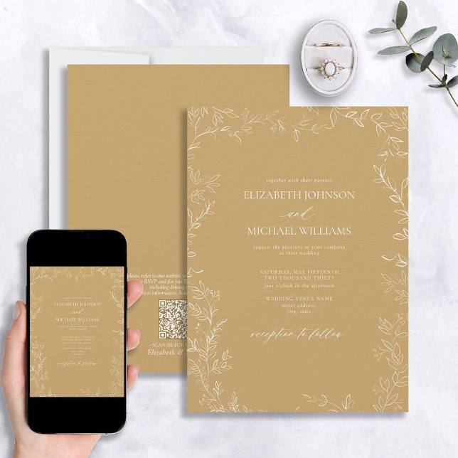 Convites Casamento Dourado Mínimo de Folha Elegante do Códi (Criador carregado)