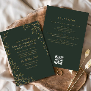 Convites Casamento Dourado Mínimo de Folha Verde Código QR