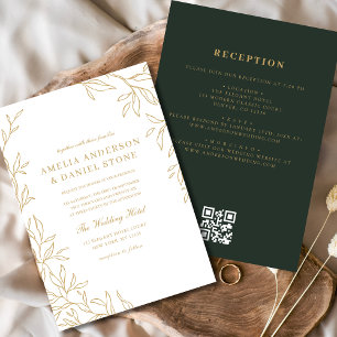Convites Casamento Dourado Mínimo de Folha Verde Código QR