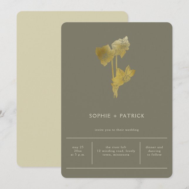 Convites Casamento Dourado Mínimo Moderno da primavera de D (Frente/Verso)