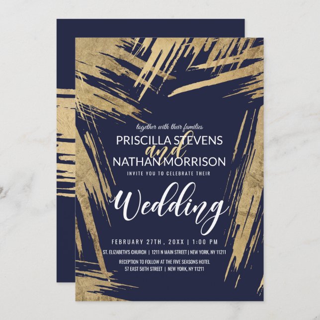 Convites Casamento Dourado moderno de Brushstrokes Marinho  (Frente/Verso)
