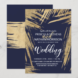 Convites Casamento Dourado moderno de Brushstrokes Marinho 