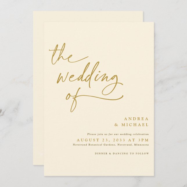 Convites Casamento Dourado moderno e com letra de creme (Frente/Verso)