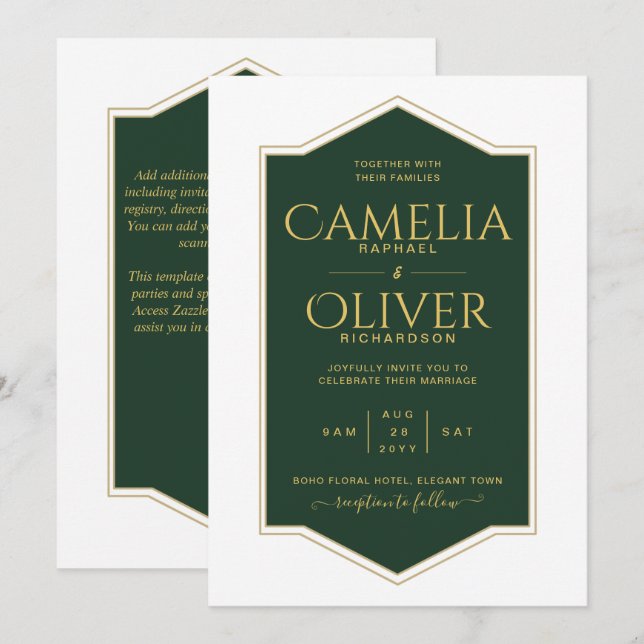 Convites Casamento Dourado MONOCHROME Emerald Green (Frente/Verso)