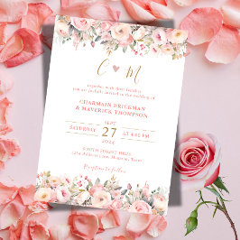 Convites Casamento Dourado Monograma de Quadro Rosa Floral