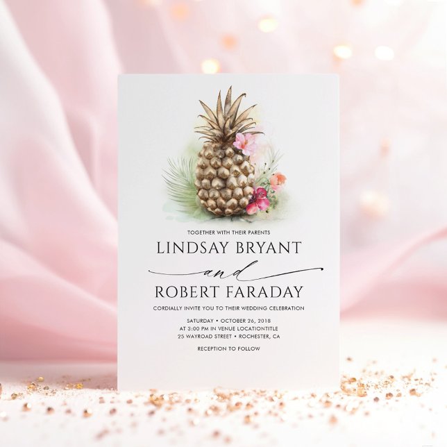 Convites Casamento Dourado Pineapple Floral Beach (Tropical Exotic Island Wedding Invitations)