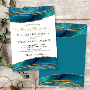 Convites Casamento Dourado por Agata Moderno Teal Watercolo