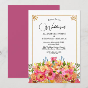 Convites Casamento Dourado por Aquarela de Flores Rosa Eleg