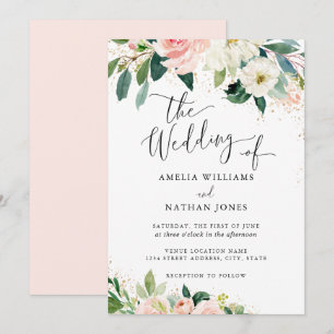 Convites Casamento Dourado por Aquarela Floral de Pêssego