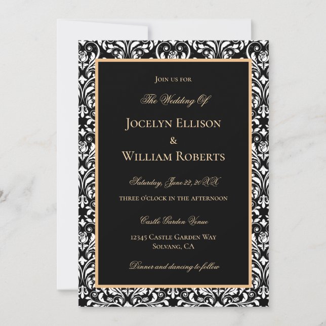Convites Casamento Dourado Preto e Branco Damask Formal Ele (Frente)