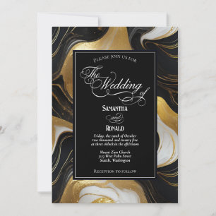 Convites Casamento Dourado, preto e branco marmoreado Elega