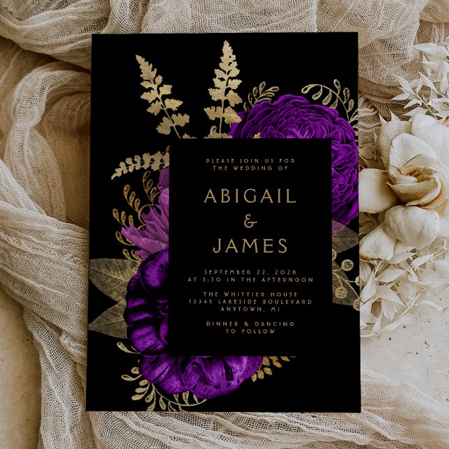 Convites Casamento Dourado Púrpura Floral Escuro Elegante (The perfect choice for a romantic purple and gold themed wedding.)
