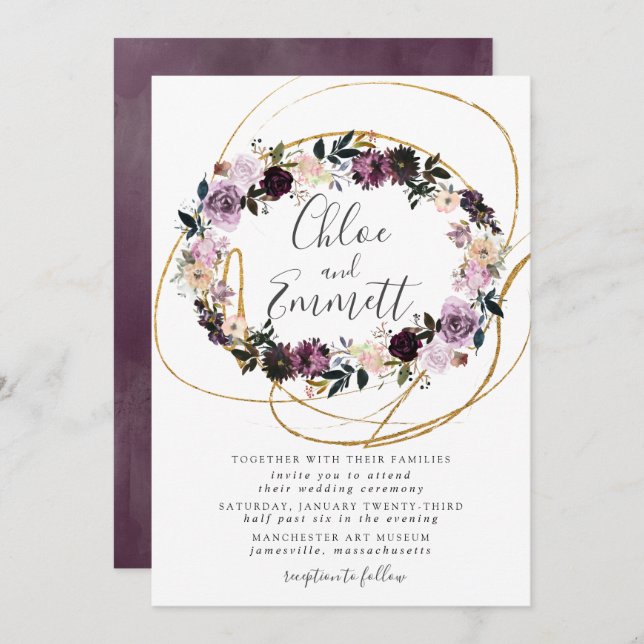 Convites Casamento Dourado Púrpura Rosa-Rosa (Frente/Verso)