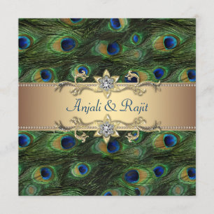 Convites Casamento Dourado Real de Peacock Indiano Emerald 
