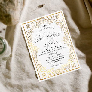 Convites Casamento Dourado Real e Script Branco