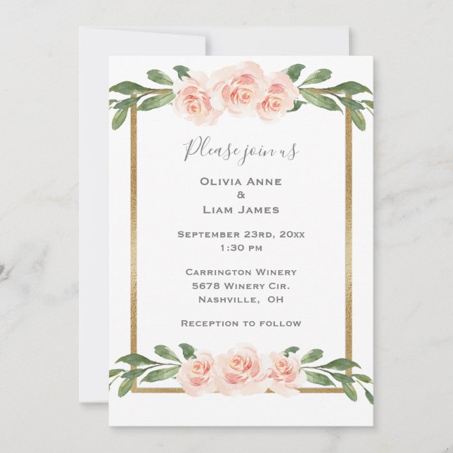 Convites Casamento Dourado Romântico Cores Florais Rosa Blu (Frente)