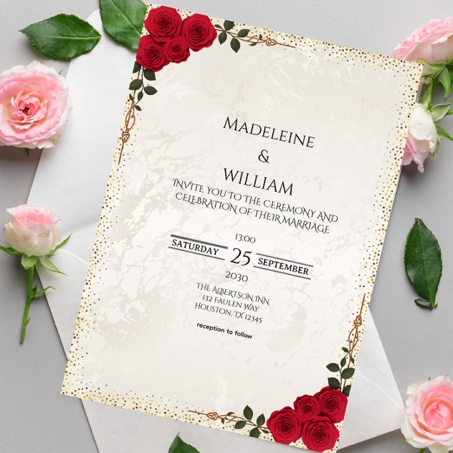 Convites Casamento Dourado romântico de Rosas vermelhas ele (Criador carregado)