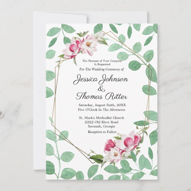 Convites Casamento Dourado Romântico Eucalyptus Rosa (Frente)