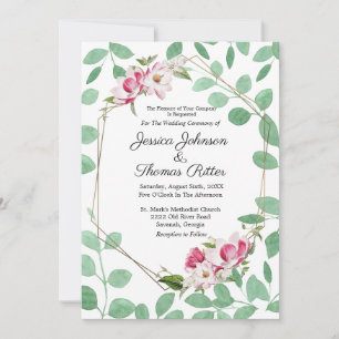 Convites Casamento Dourado Romântico Eucalyptus Rosa