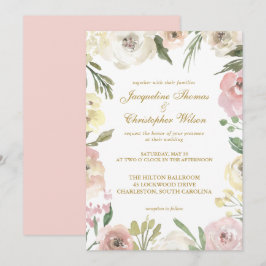 Convites Casamento Dourado, Rosa-Blush, Primavera Floral El