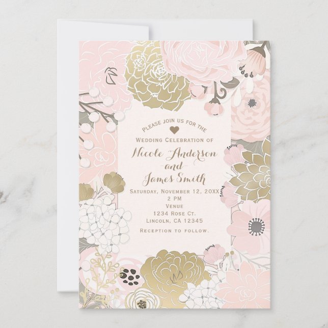 Convites Casamento Dourado Rosa Botânico Floral Moderno Vin (Frente)