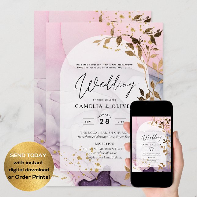 Convites Casamento Dourado Rosa Rosa Púrpura de Mão-de-Tint (Criador carregado)