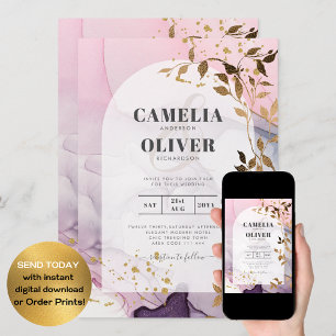 Convites Casamento Dourado Rosa Rosa Púrpura de Mão-de-Tint