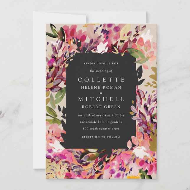 Convites Casamento Dourado Rosa-Rosa-Quente-Buquê Romântico (Frente)