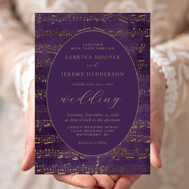 Convites Casamento Dourado Roxo do Manuscrito de Música Vin (Criador carregado)