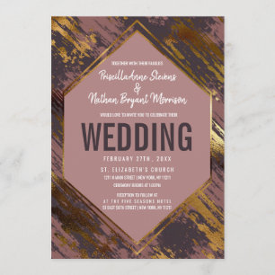 Convites Casamento Dourado Roxo Mauve Brushstrokes