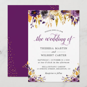 Convites Casamento Dourado Roxo Moderno