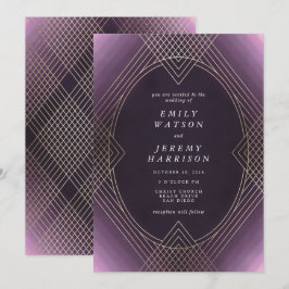 Convites Casamento Dourado Roxo Oval Geométrico Deco Gatsby