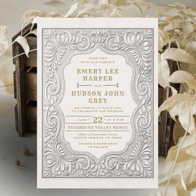 Convites Casamento Dourado Russo Ocidental de Couro Arrefec (cowboy wedding invitation white tooled leather effect elegant country western barn backyard)