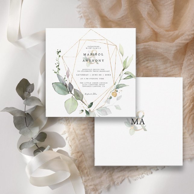 Convites Casamento Dourado Rustic Eucalyptus Greenery (Criador carregado)