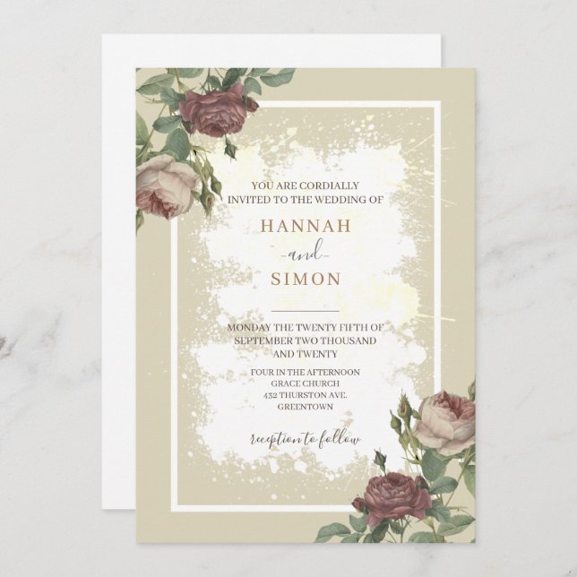 Convites Casamento Dourado Rustic Floral Minimalista Burgun (Frente/Verso)