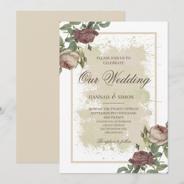 Convites Casamento Dourado Rustic Floral Minimalista Burgun (Frente/Verso)