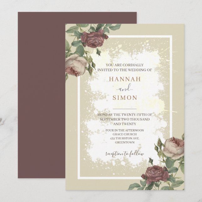 Convites Casamento Dourado Rustic Floral Minimalista Burgun (Frente/Verso)